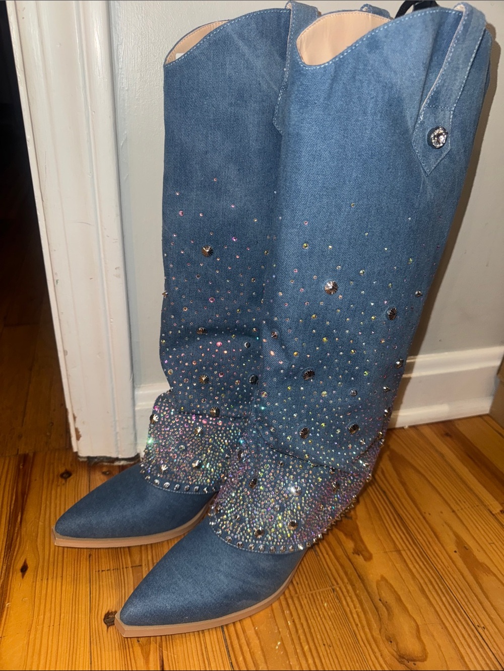 Embellished Blue Denim Knee-High Heeled Boots